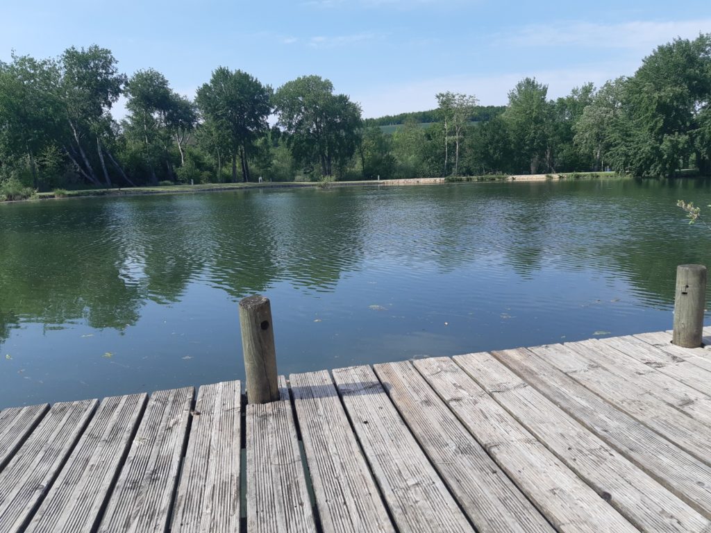 Vue sur l'étang depuis le ponton de pêche de La Carpe