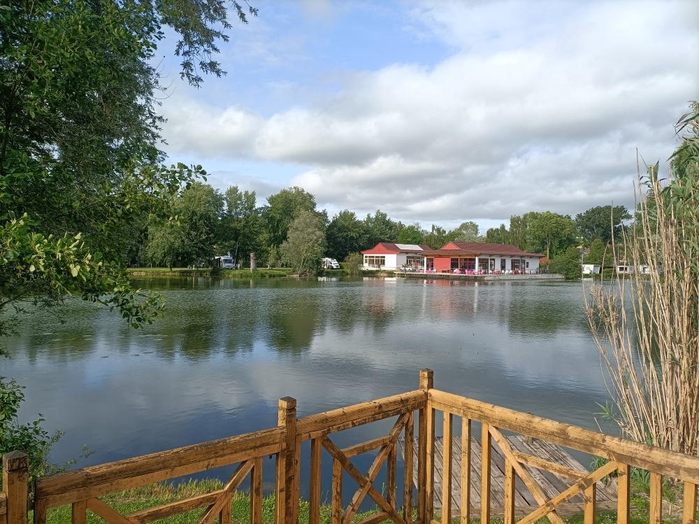 Vue sur l'étang depuis la terrasse du mobil-home Le Brochet